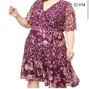 Lane Bryant purple and pink floral lace faux wrap belted blouson dress Size 16